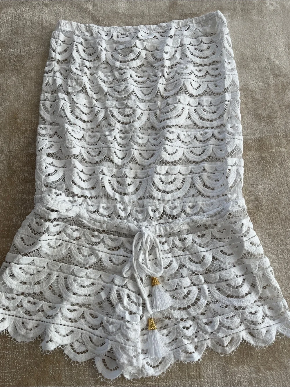 Pilyq White Lace Swim Cover-Up Skirt with Tassel Accents